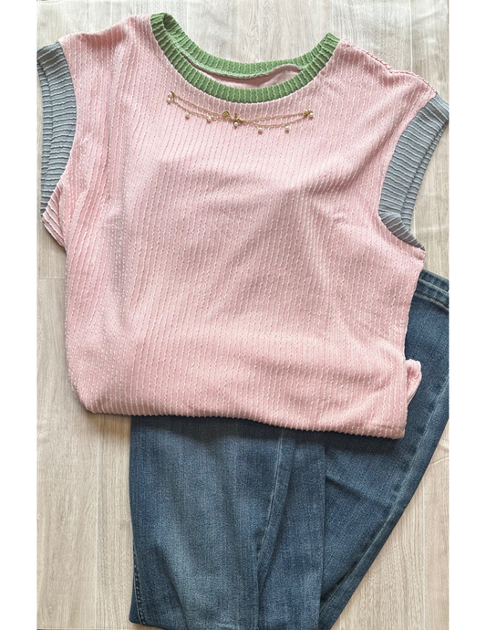 Contrast Trim Round Neck Cap Sleeve Top